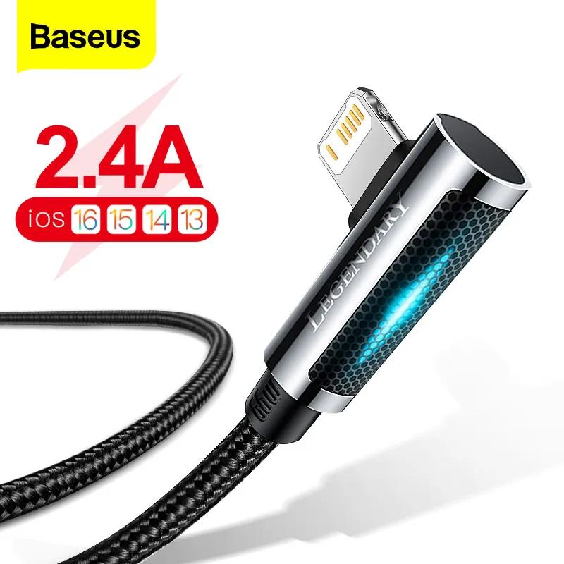 Baseus-아이폰용 USB 케이블, 아이폰 14, 13, 12, 11 프로 맥스, XS, xr용 90 도 LED 고속 충전 케이블, 아이폰 X 게임용 데이터 와이어 코드